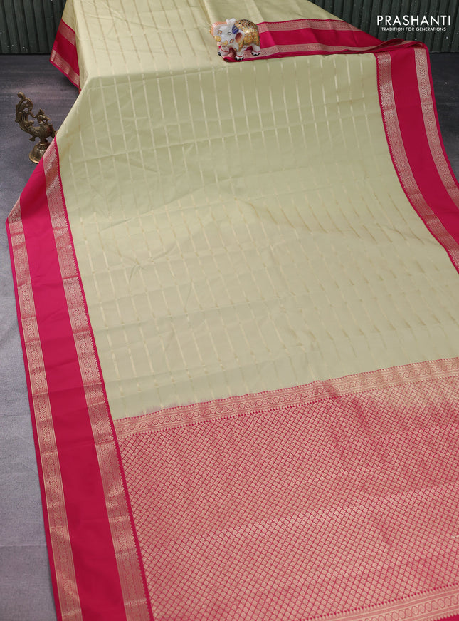 Semi kanchipuram silk saree sandal and pink with zari woven stripes pattern and rettapet zari woven korvai border