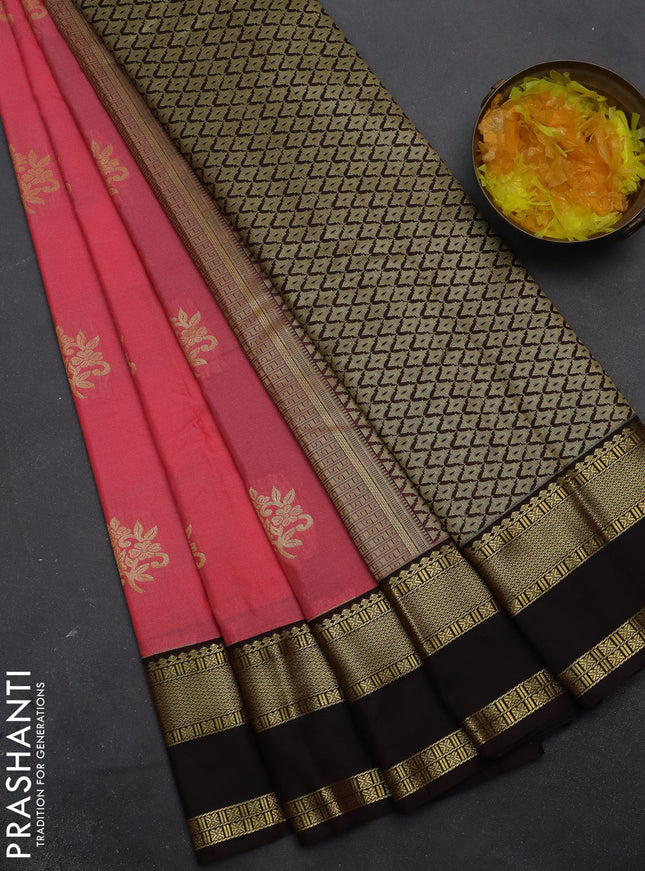 Semi kanchipuram silk saree PINK and coffee brown with zari woven buttas and rettapet zari woven korvai border