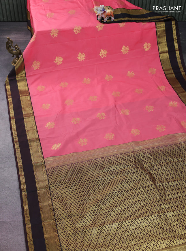 Semi kanchipuram silk saree PINK and coffee brown with zari woven buttas and rettapet zari woven korvai border