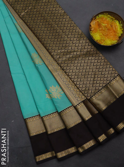 Semi kanchipuram silk saree teal blue and coffee brown with zari woven buttas and rettapet zari woven korvai border
