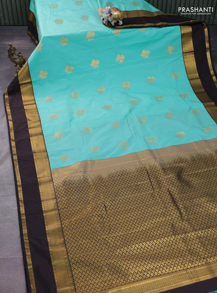 Semi kanchipuram silk saree teal blue and coffee brown with zari woven buttas and rettapet zari woven korvai border