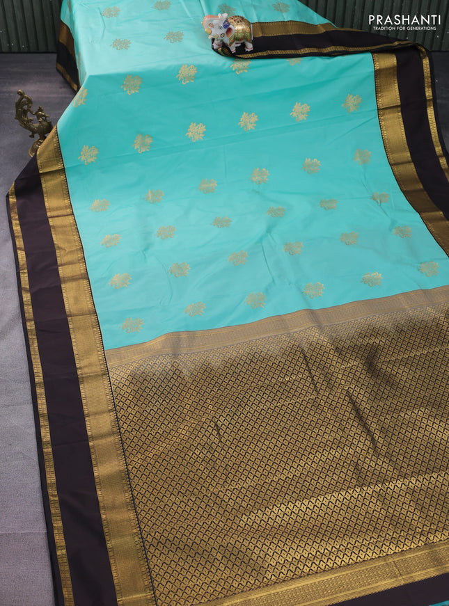 Semi kanchipuram silk saree teal blue and coffee brown with zari woven buttas and rettapet zari woven korvai border