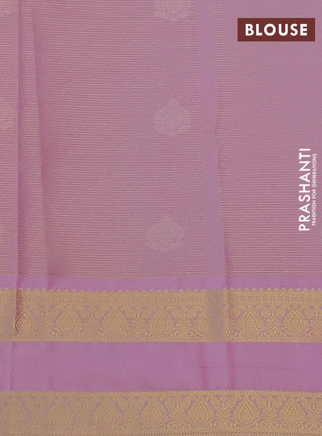 Semi kanchipuram silk saree dual shade of pinkish orange and lavender with allover zari weaves & buttas and rettapet zari woven korvai border
