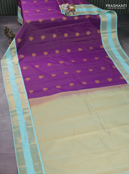 Semi kanchipuram silk saree purple and light blue with allover zari weaves & buttas and rettapet zari woven korvai border