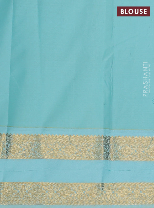 Semi kanchipuram silk saree purple and light blue with allover zari weaves & buttas and rettapet zari woven korvai border