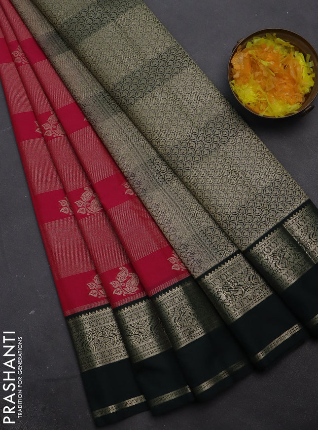 Semi kanchipuram silk saree pink and bottle green with allover zari weaves & buttas and rettapet zari woven korvai border