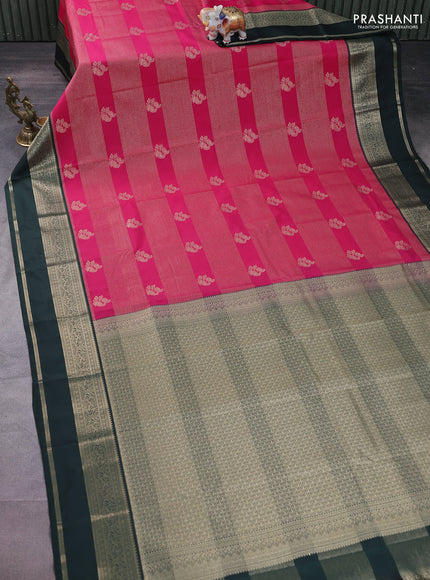Semi kanchipuram silk saree pink and bottle green with allover zari weaves & buttas and rettapet zari woven korvai border