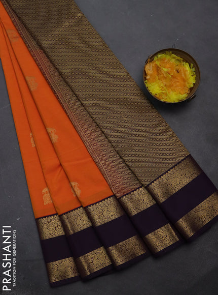 Semi kanchipuram silk saree orange and deep violet with annam zari woven buttas and rettapet zari woven korvai border