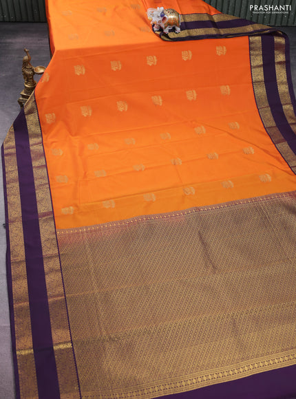 Semi kanchipuram silk saree orange and deep violet with annam zari woven buttas and rettapet zari woven korvai border