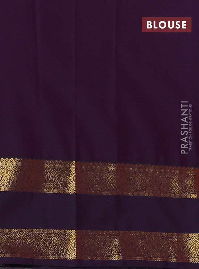 Semi kanchipuram silk saree orange and deep violet with annam zari woven buttas and rettapet zari woven korvai border