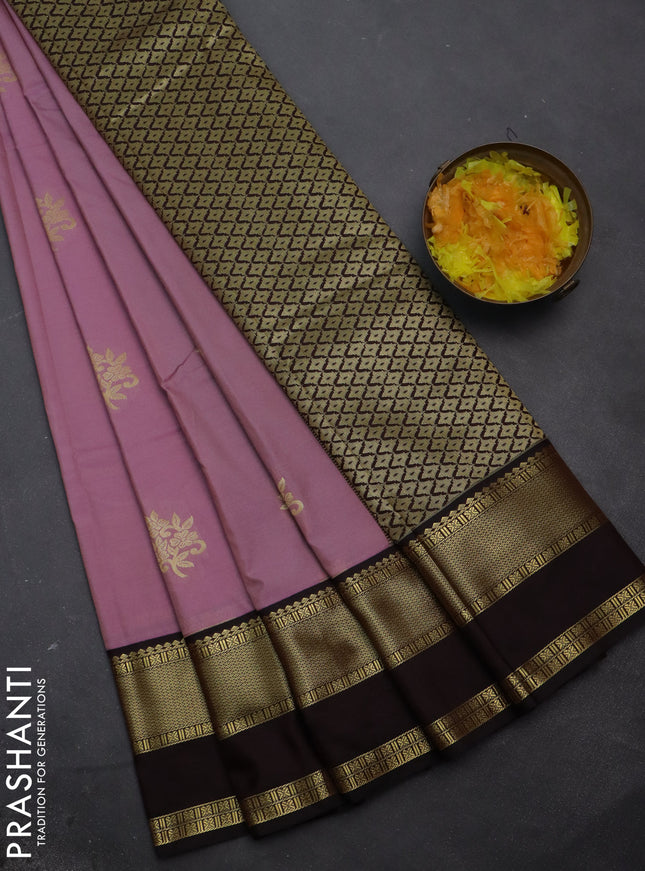 Semi kanchipuram silk saree mauve pink and deep maroon with floral zari woven buttas and rettapet zari woven korvai border
