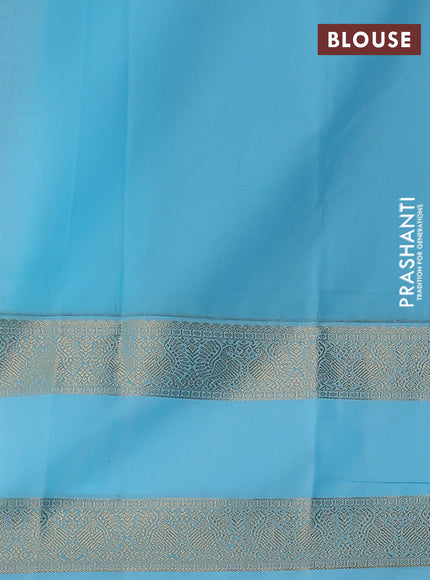 Semi kanchipuram silk saree reddish pink and light blue with zari woven buttas and rettapet zari woven korvai border