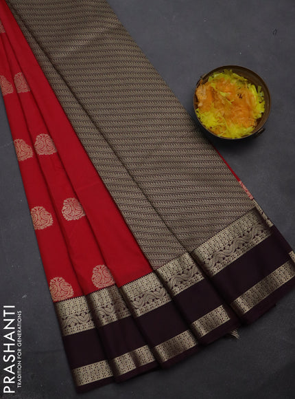 Semi kanchipuram silk saree reddish pink and deep jamun with zari woven buttas and rettapet zari woven korvai border
