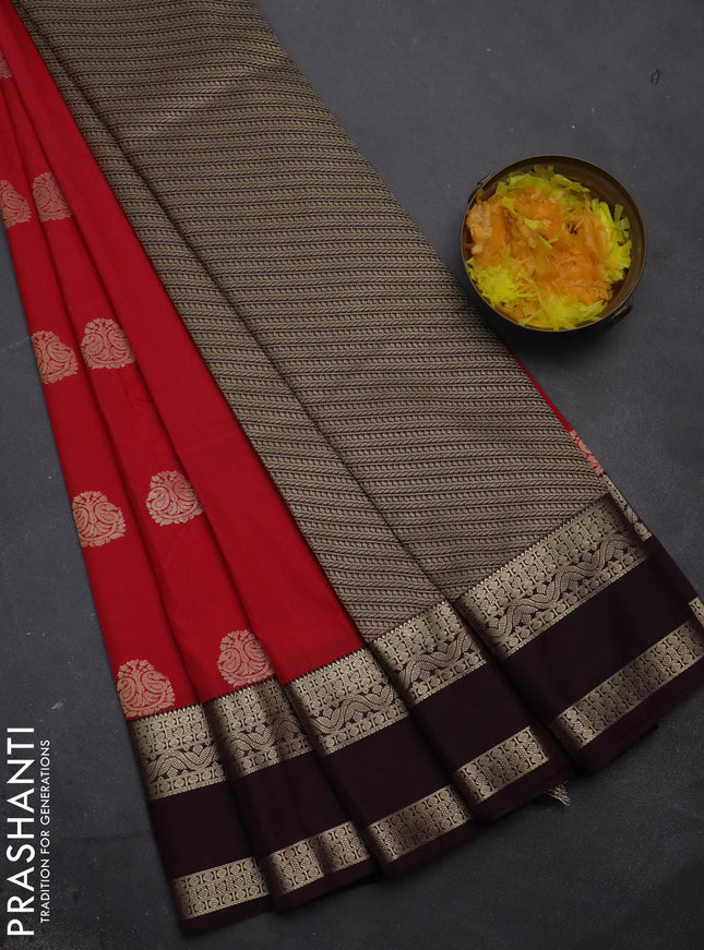 Semi kanchipuram silk saree reddish pink and deep jamun with zari woven buttas and rettapet zari woven korvai border