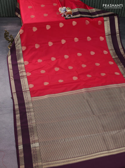 Semi kanchipuram silk saree reddish pink and deep jamun with zari woven buttas and rettapet zari woven korvai border