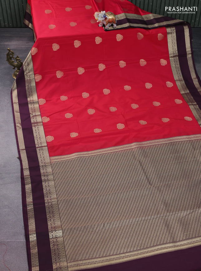Semi kanchipuram silk saree reddish pink and deep jamun with zari woven buttas and rettapet zari woven korvai border