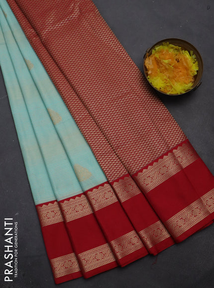 Semi kanchipuram silk saree teal blue and red with allover zari weaves & buttas and rettapet zari woven korvai border