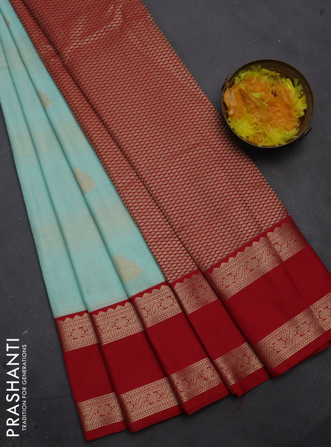 Semi kanchipuram silk saree teal blue and red with allover zari weaves & buttas and rettapet zari woven korvai border