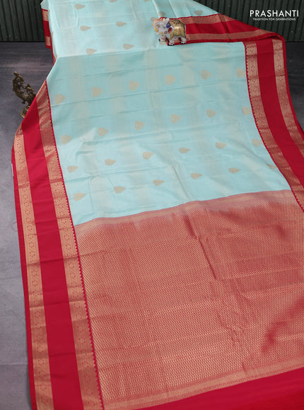 Semi kanchipuram silk saree teal blue and red with allover zari weaves & buttas and rettapet zari woven korvai border