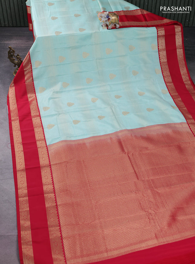 Semi kanchipuram silk saree teal blue and red with allover zari weaves & buttas and rettapet zari woven korvai border