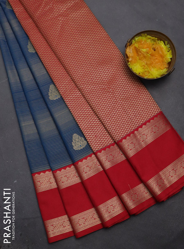 Semi kanchipuram silk saree peacock blue and red with allover zari weaves & buttas and rettapet zari woven korvai border