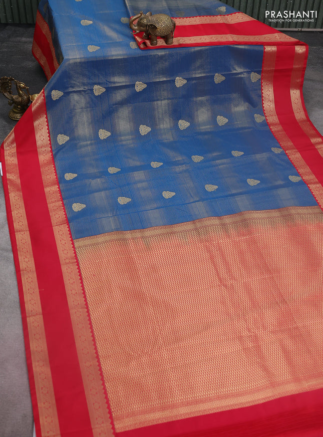 Semi kanchipuram silk saree peacock blue and red with allover zari weaves & buttas and rettapet zari woven korvai border