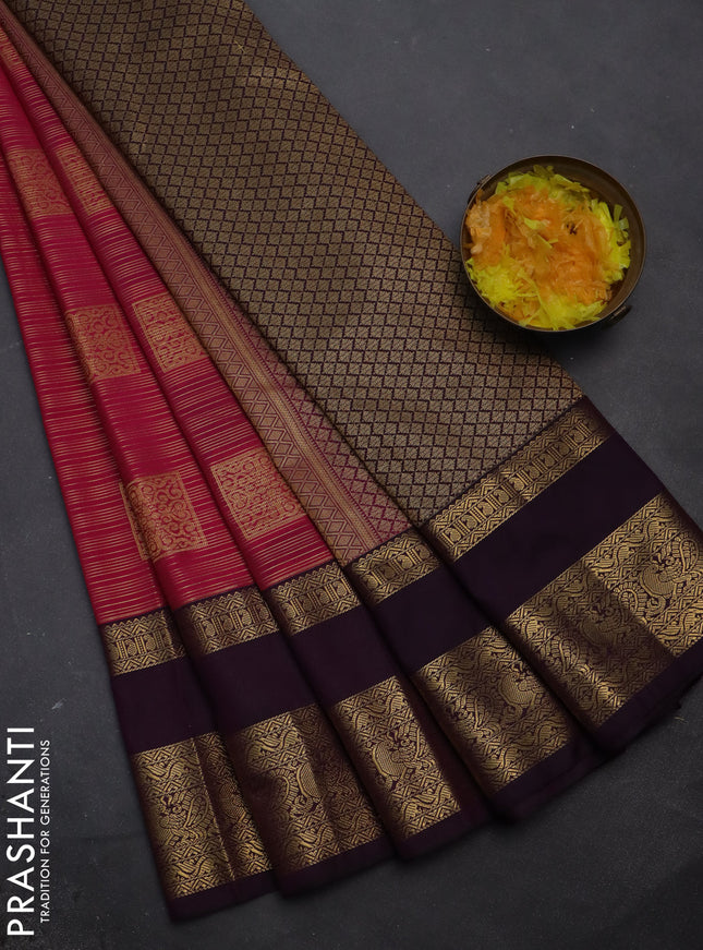 Semi kanchipuram silk saree pink and deep violet with allover zari weaves & buttas and rettapet zari woven korvai border