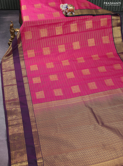 Semi kanchipuram silk saree pink and deep violet with allover zari weaves & buttas and rettapet zari woven korvai border