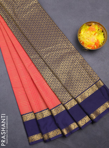 Semi kanchipuram silk saree pink shade and navy blue with allover small zari checks and rettapet zari woven korvai border