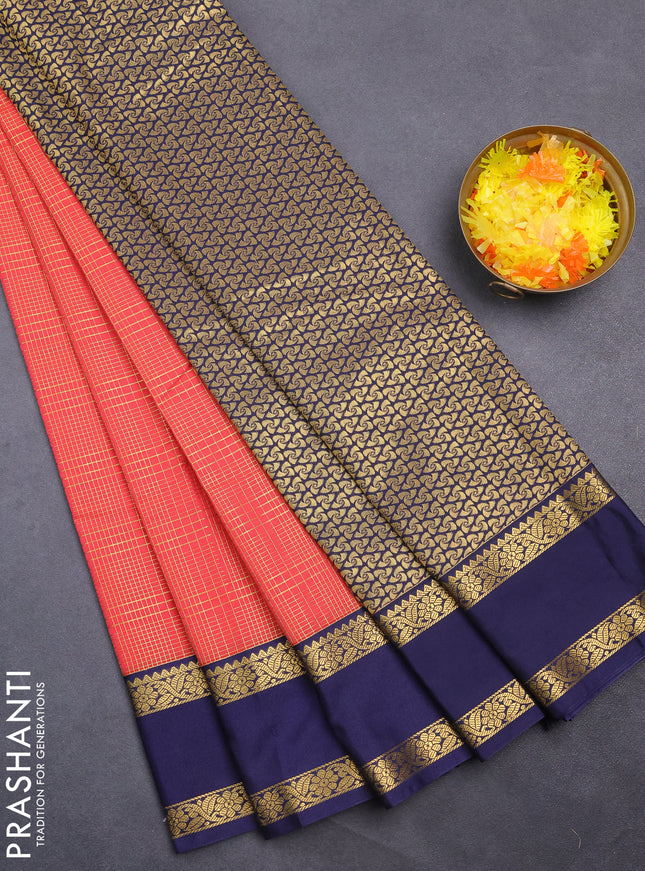 Semi kanchipuram silk saree pink shade and navy blue with allover small zari checks and rettapet zari woven korvai border
