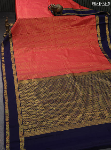Semi kanchipuram silk saree pink shade and navy blue with allover small zari checks and rettapet zari woven korvai border