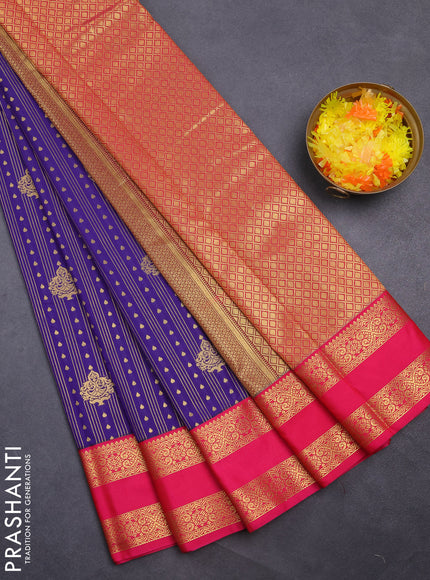 Semi kanchipuram silk saree blue and pink with allover zari weaves & buttas and rettapet zari woven korvai border