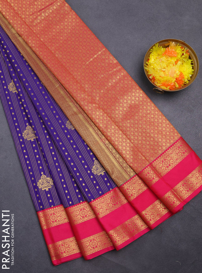 Semi kanchipuram silk saree blue and pink with allover zari weaves & buttas and rettapet zari woven korvai border