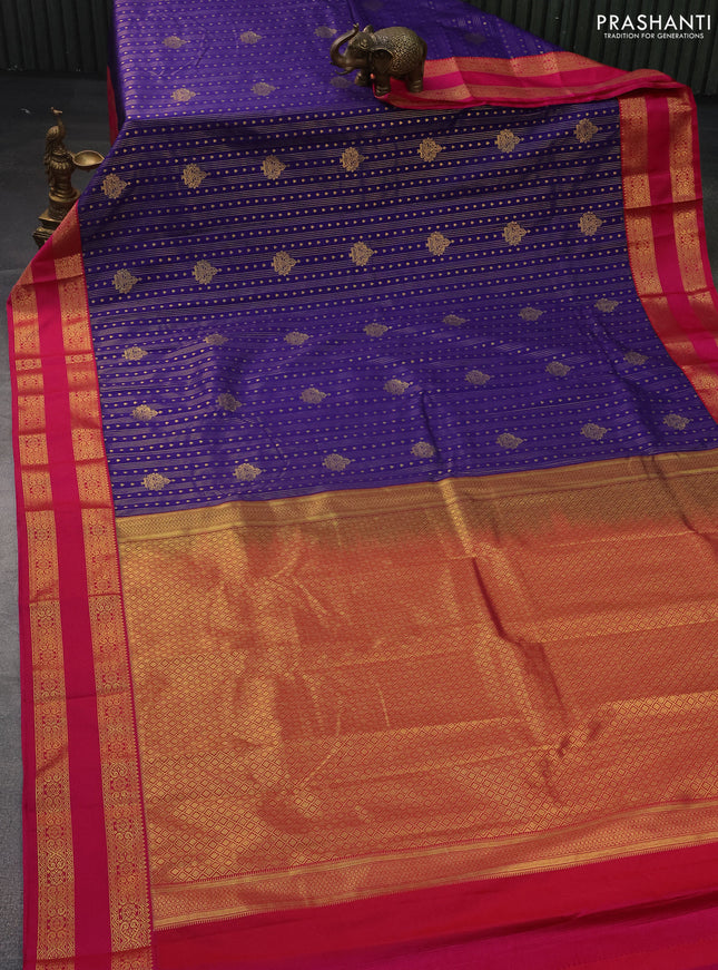 Semi kanchipuram silk saree blue and pink with allover zari weaves & buttas and rettapet zari woven korvai border