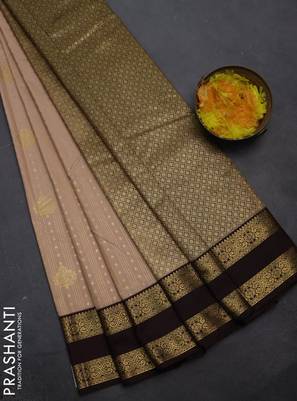 Semi kanchipuram silk saree sandal and brown with allover zari weaves & buttas and rettapet zari woven korvai border