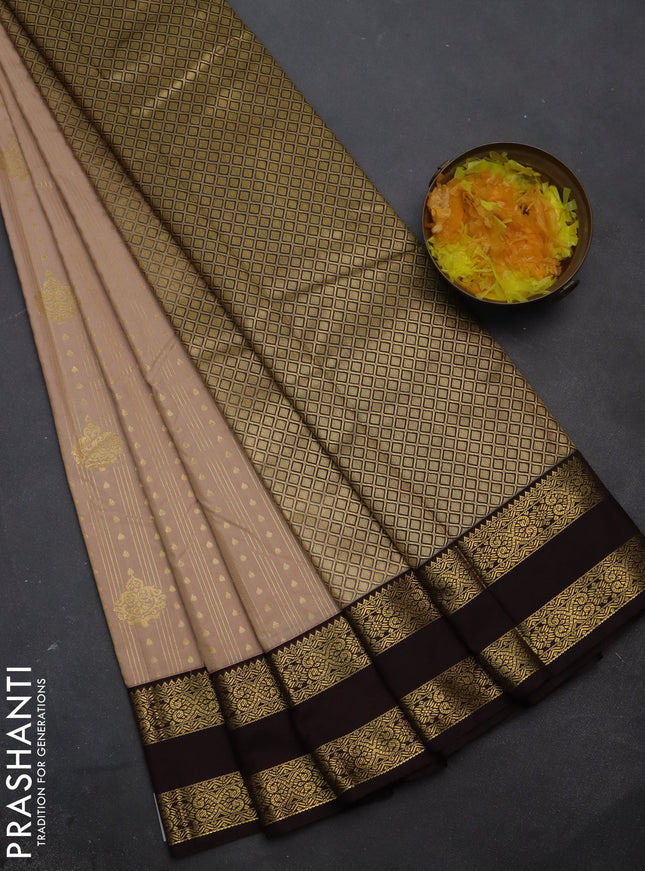 Semi kanchipuram silk saree sandal and brown with allover zari weaves & buttas and rettapet zari woven korvai border