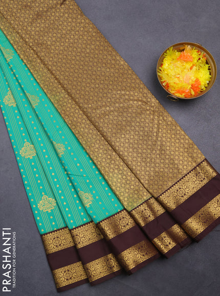 Semi kanchipuram silk saree teal green and brown with allover zari weaves & buttas and rettapet zari woven korvai border