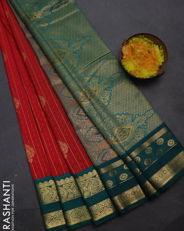 Semi kanchipuram silk saree red and teal green with allover zari weaves & buttas and rettapet zari woven korvai border