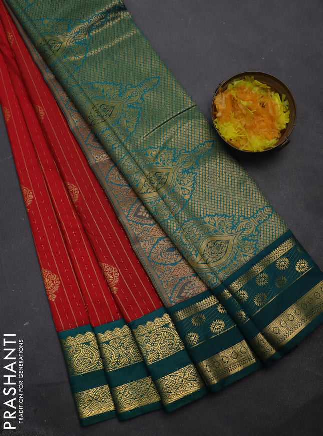 Semi kanchipuram silk saree red and teal green with allover zari weaves & buttas and rettapet zari woven korvai border