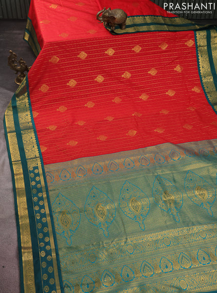 Semi kanchipuram silk saree red and teal green with allover zari weaves & buttas and rettapet zari woven korvai border