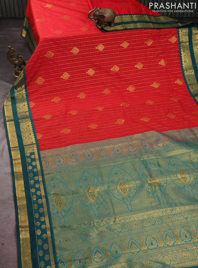 Semi kanchipuram silk saree red and teal green with allover zari weaves & buttas and rettapet zari woven korvai border