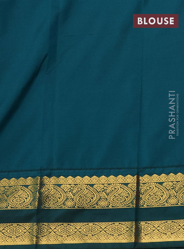 Semi kanchipuram silk saree red and teal green with allover zari weaves & buttas and rettapet zari woven korvai border