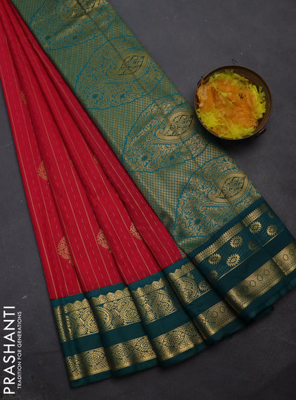 Semi kanchipuram silk saree pink and peacock green with allover zari weaves & buttas and rettapet zari woven korvai border