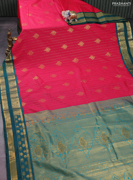 Semi kanchipuram silk saree pink and peacock green with allover zari weaves & buttas and rettapet zari woven korvai border