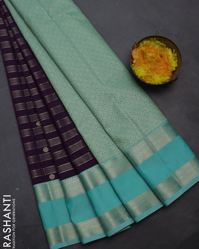 Semi kanchipuram silk saree deep violet and teal blue with allover zari weaves & buttas and rettapet zari woven korvai border