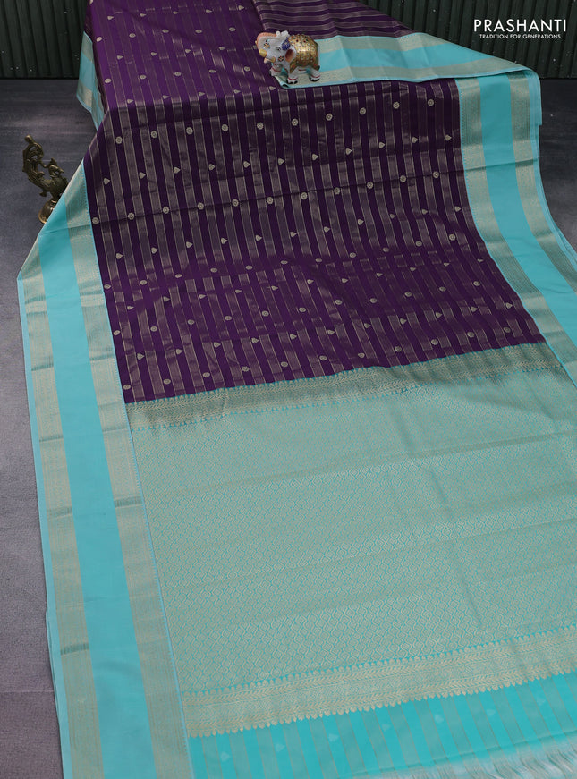 Semi kanchipuram silk saree deep violet and teal blue with allover zari weaves & buttas and rettapet zari woven korvai border