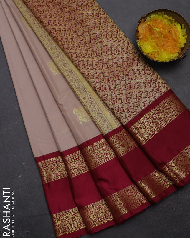 Semi kanchipuram silk saree beige and magenta pink with zari woven buttas and rettapet zari woven korvai border