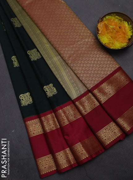 Semi kanchipuram silk saree bottle green and pink with zari woven buttas and rettapet zari woven korvai border