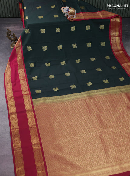 Semi kanchipuram silk saree bottle green and pink with zari woven buttas and rettapet zari woven korvai border