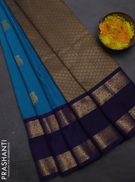 Semi kanchipuram silk saree cs blue and dark blue with zari woven buttas and rettapet zari woven korvai border
